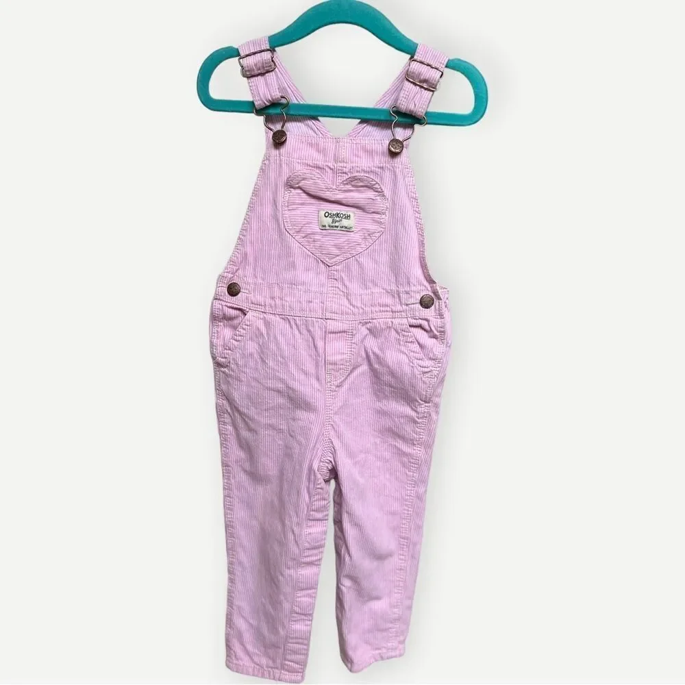 OshKosh B’Gosh Girls Kids Pink Striped Heart Pocket Overalls. 24 Months.